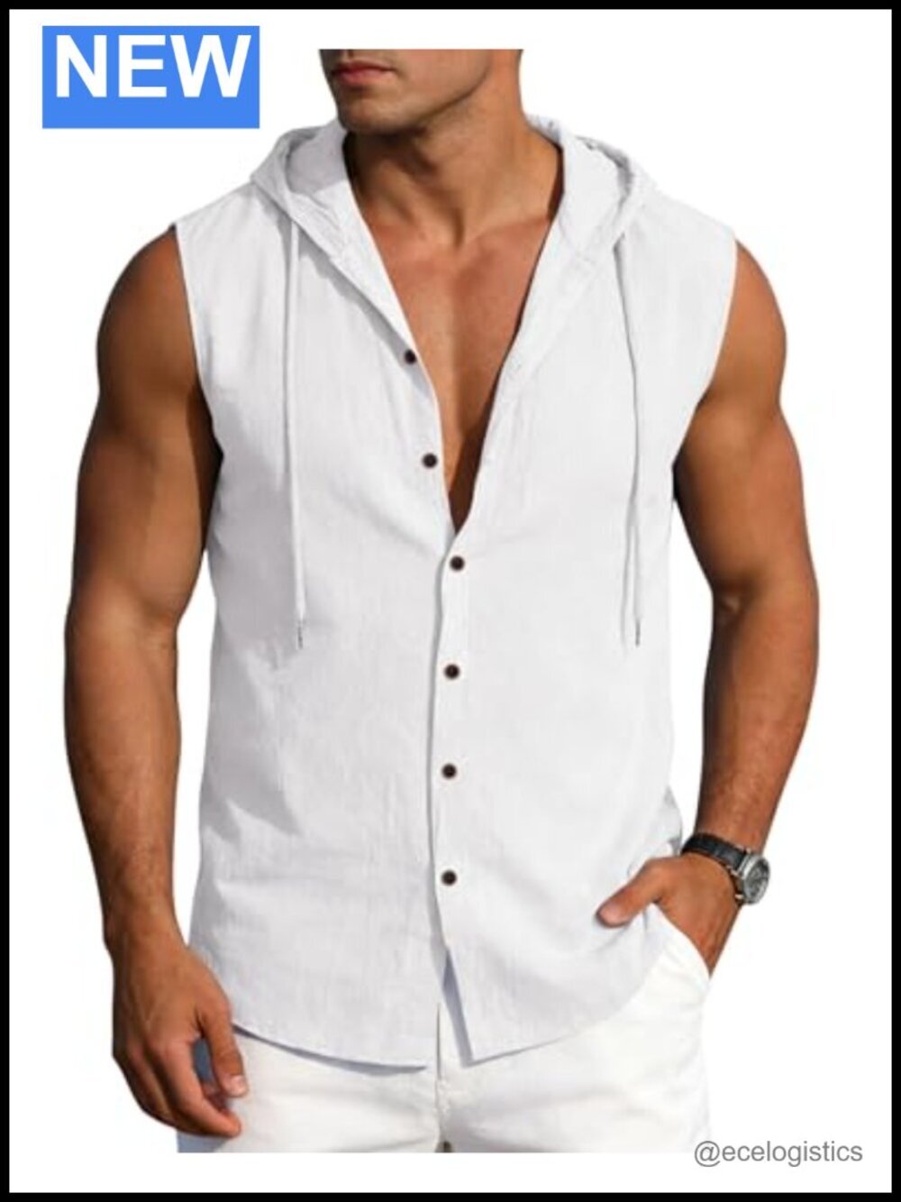 Mens Linen Sleeveless Hoodie Button Down Tank Shirt Summer Casual Beach